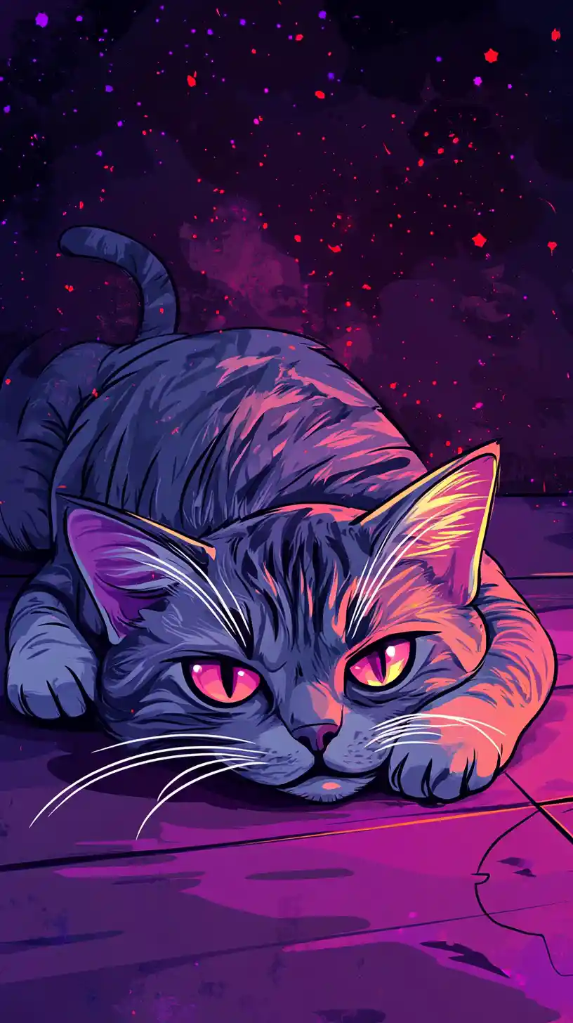 Mürrische Cartoon-Tigerkatze auf einem Neon-Galaxie-Boden