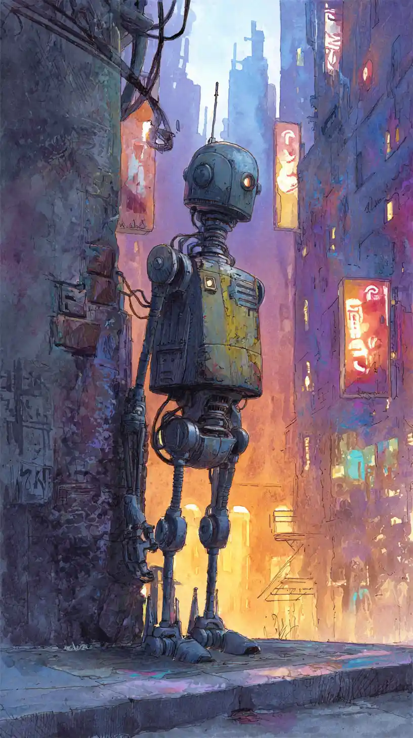 Lonely robot in rain soaked neon city alley