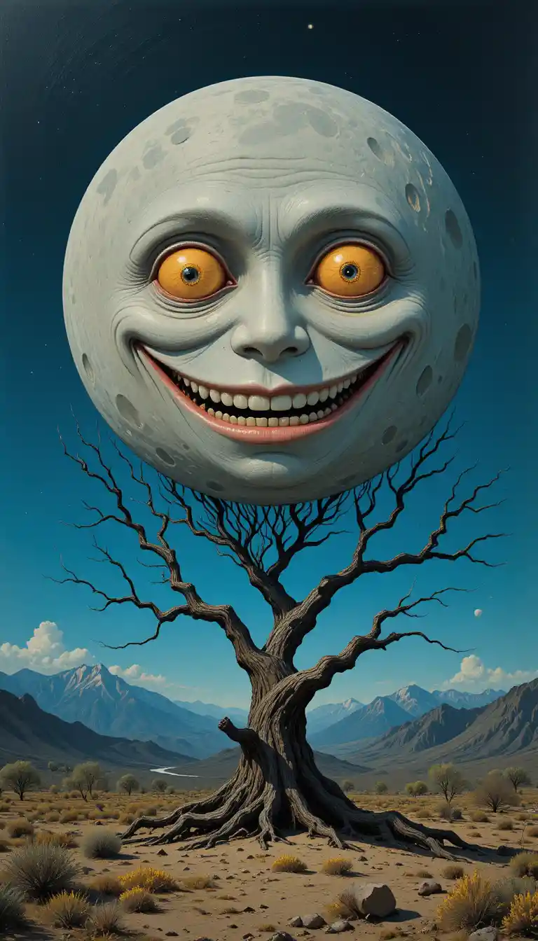 Surreal lächelnder Mond über knorrigem Baum und Bergen