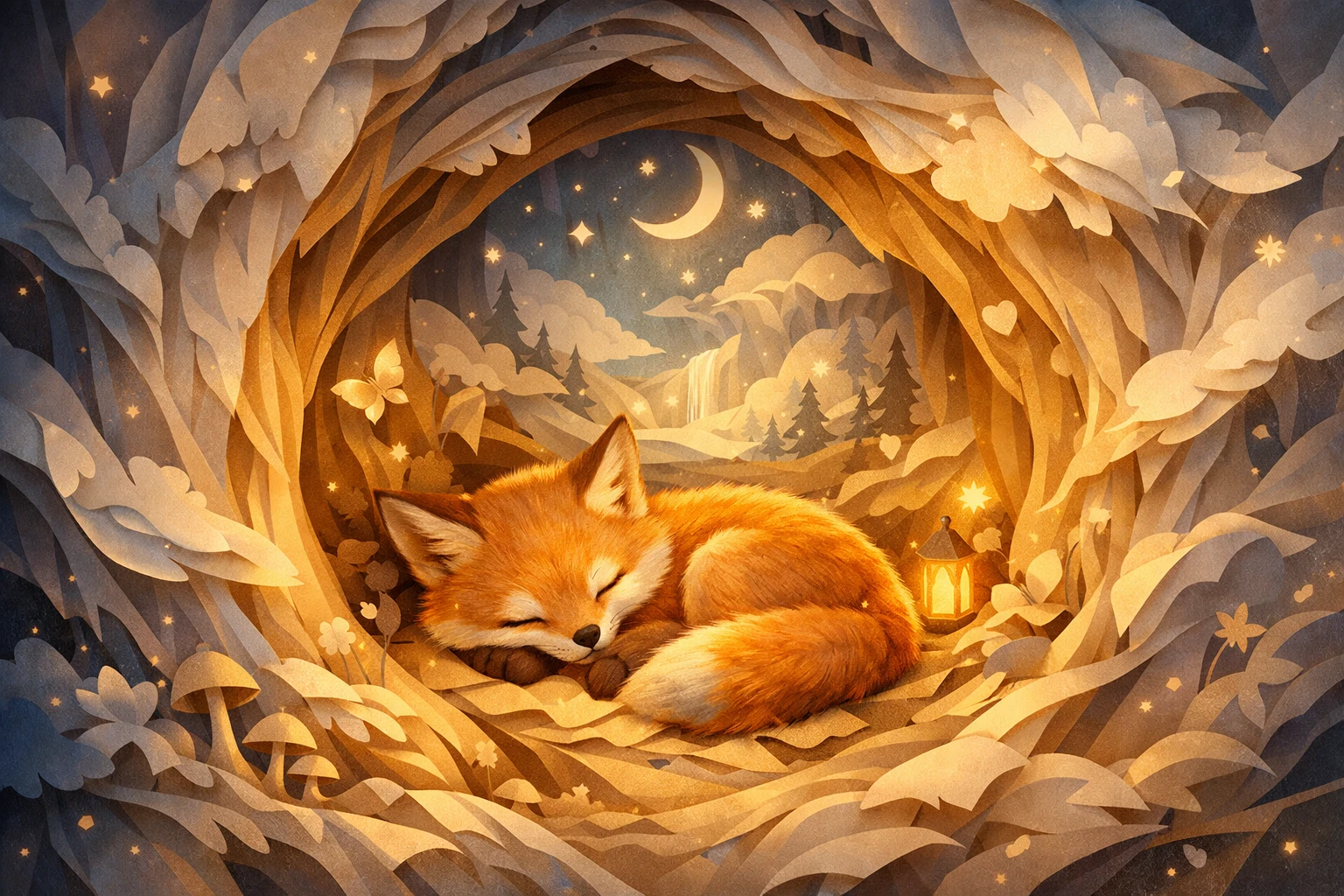 Zorrito bebé durmiendo en una madriguera luminosa de bosque de papel