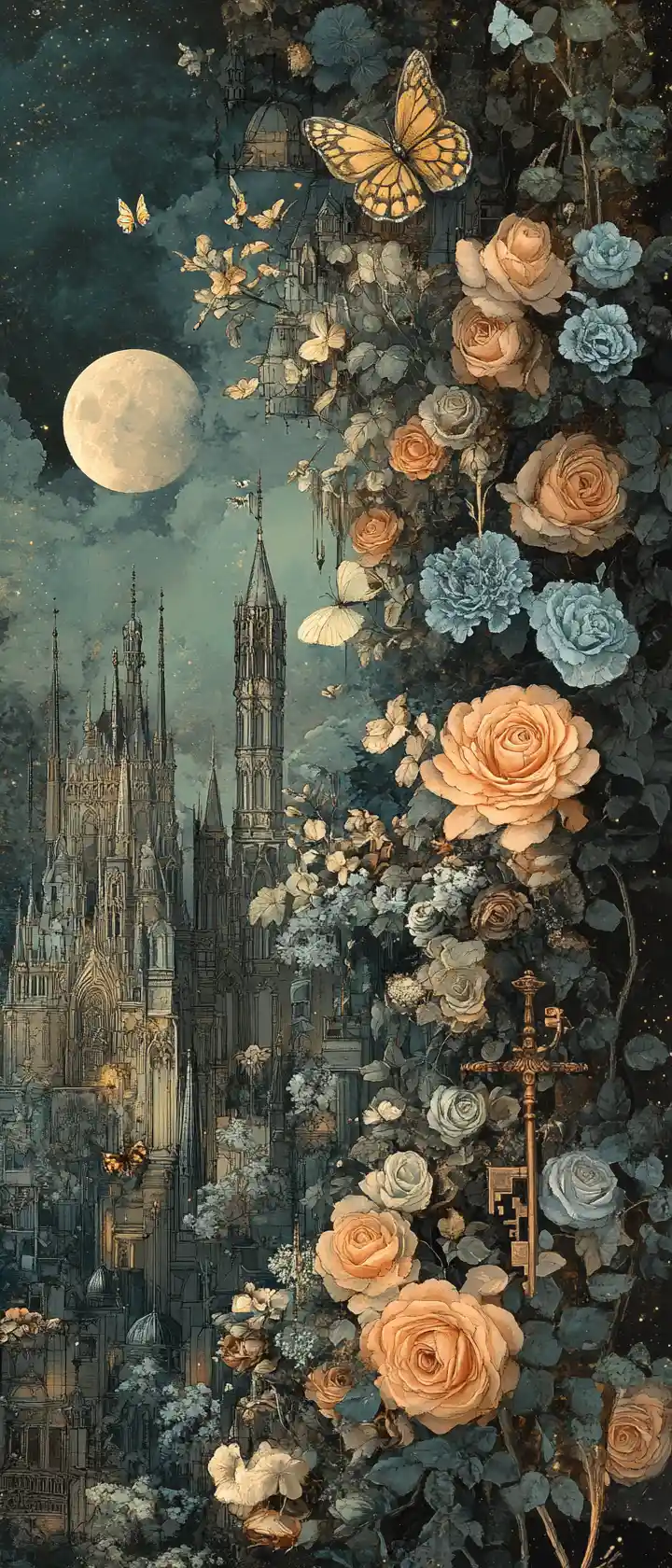 Fantastical Spring City Beside Lush Roses And Butterfly