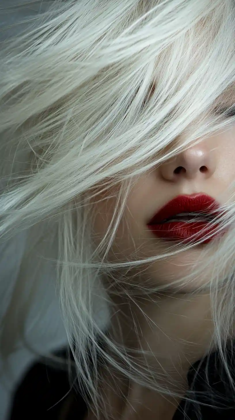 Bleach blonde fashion portrait with glossy red lips