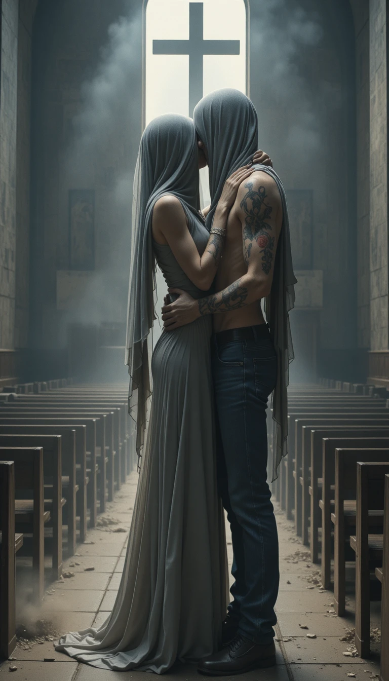 Veiled lovers embracing in a dim abandoned church interior