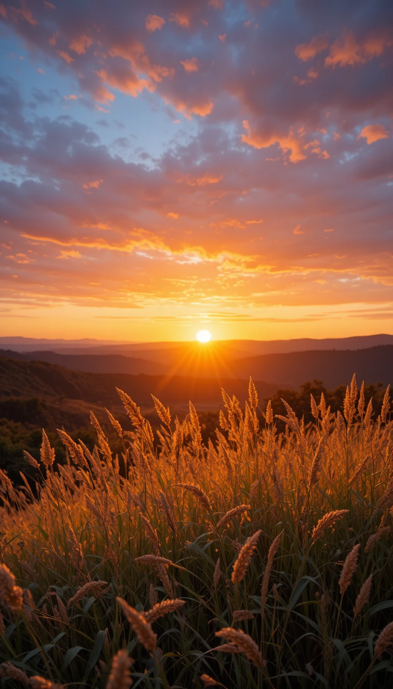 Pôr do sol dourado sobre o campo tranquilo com gramíneas brilhantes