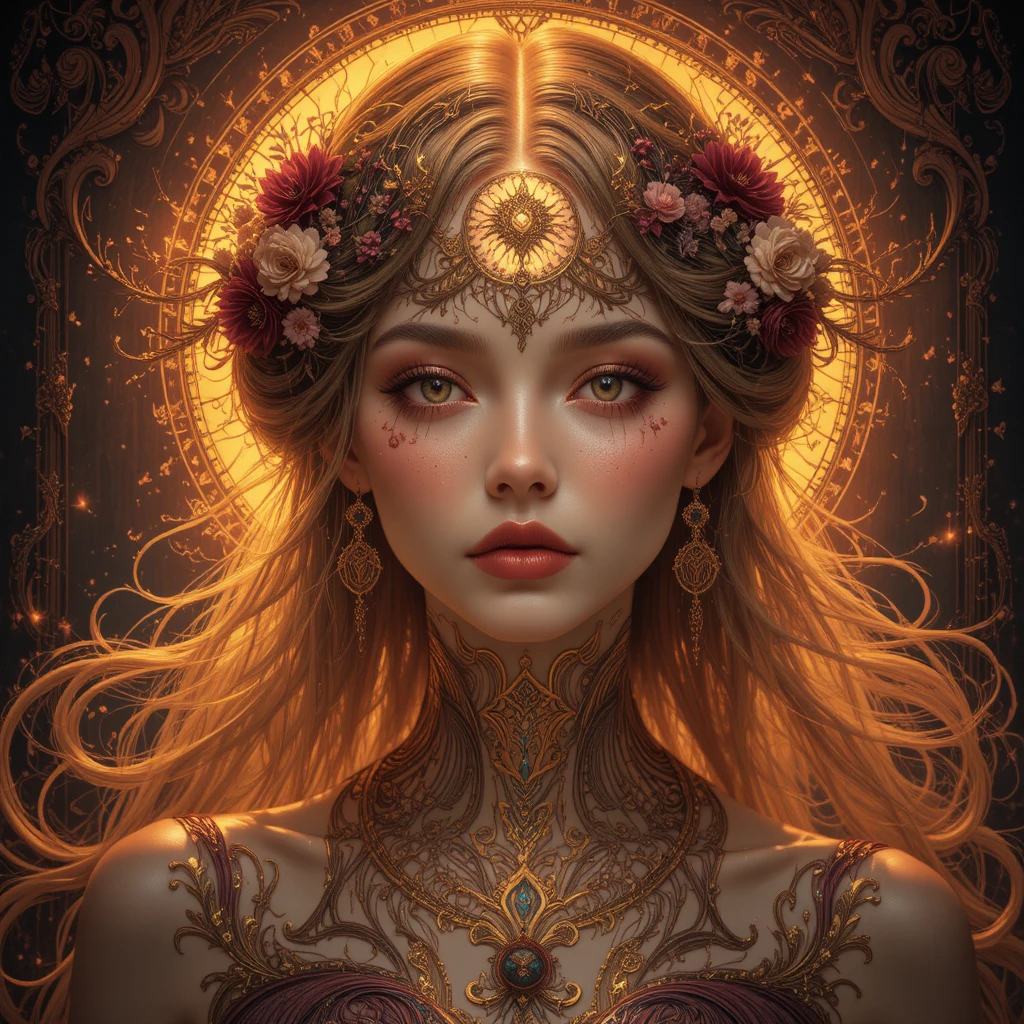 Mystische Frau im goldenen Sonnenaufgang in einem Jugendstil-Traumlandschaft