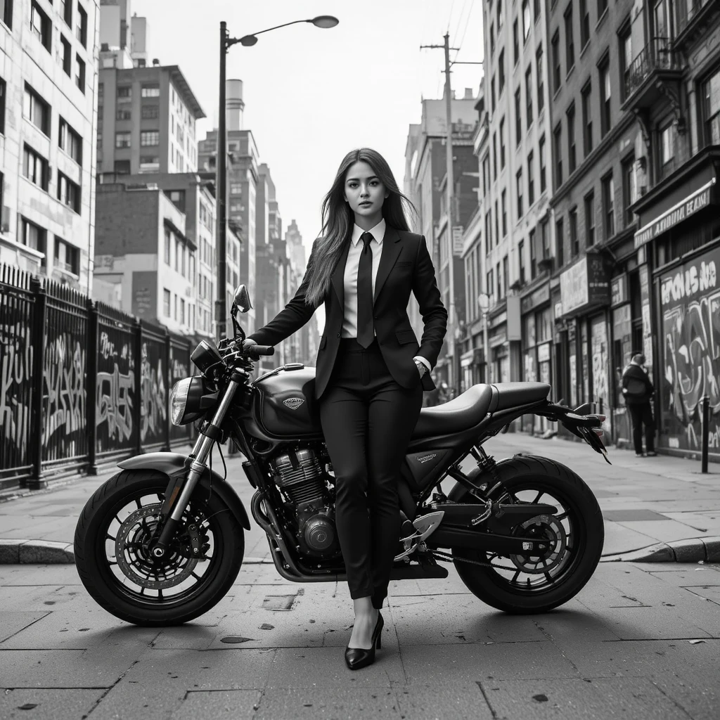 Jeune femme en costume marchant à côté d’une moto en ville