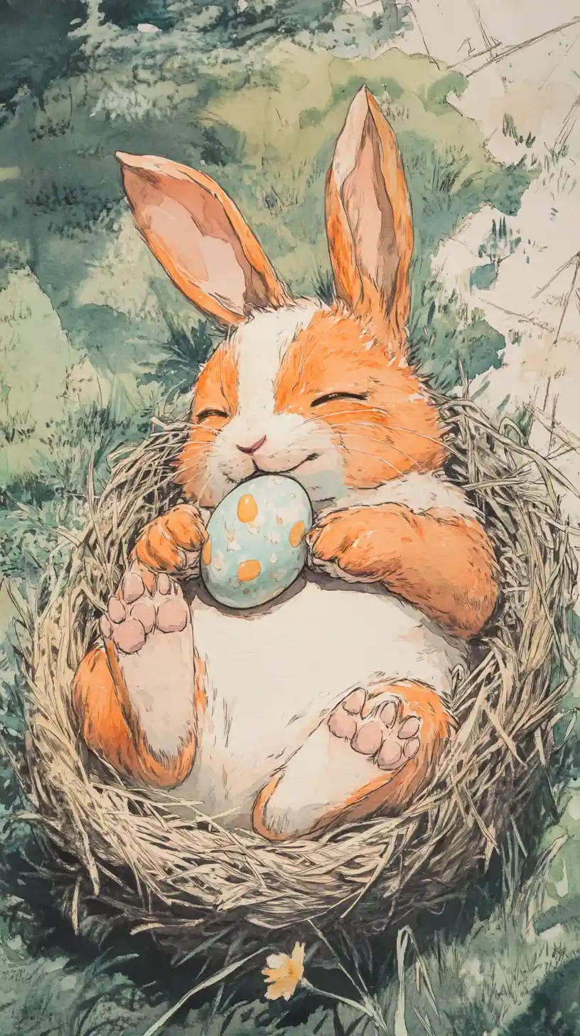 Cute easter rabbit sleeping in a nest with egg