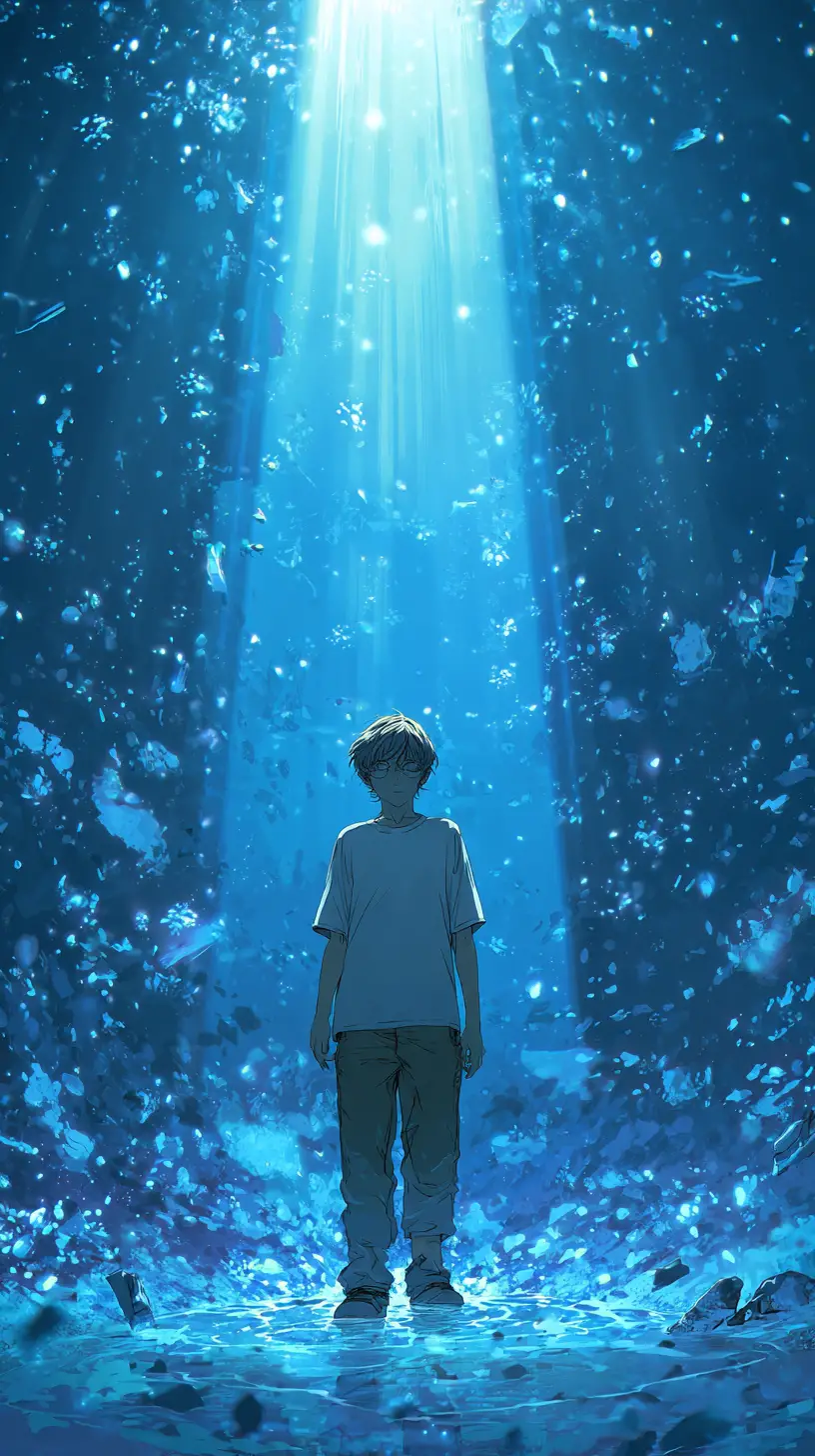 Young man in mystical blue light with floating particles