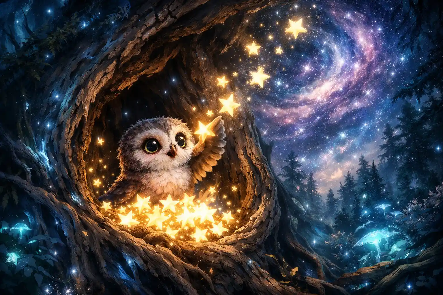 Baby owl guarding glowing stars in a hollow forest tree