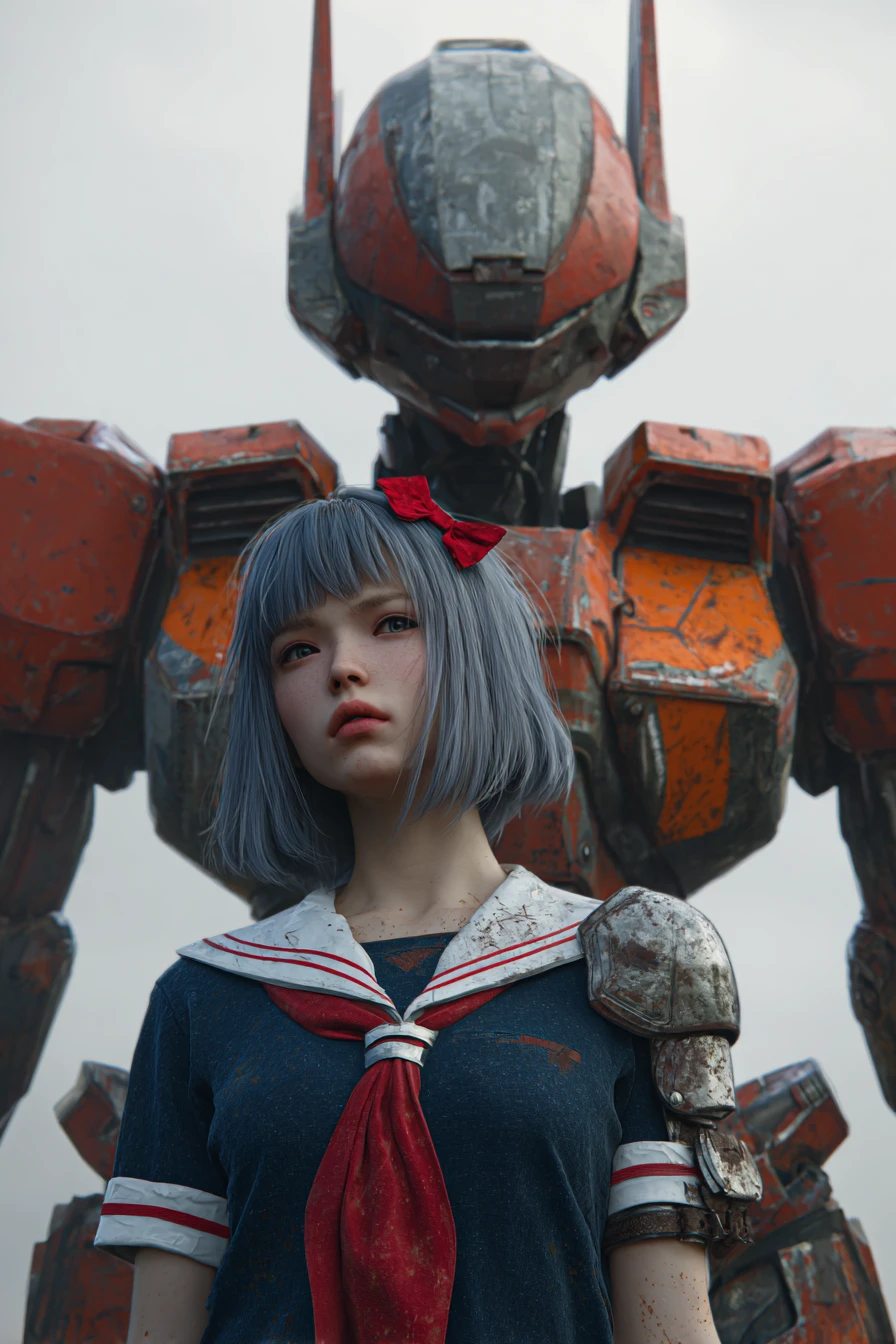 Joven mujer con mecha gigante bajo un cielo nublado