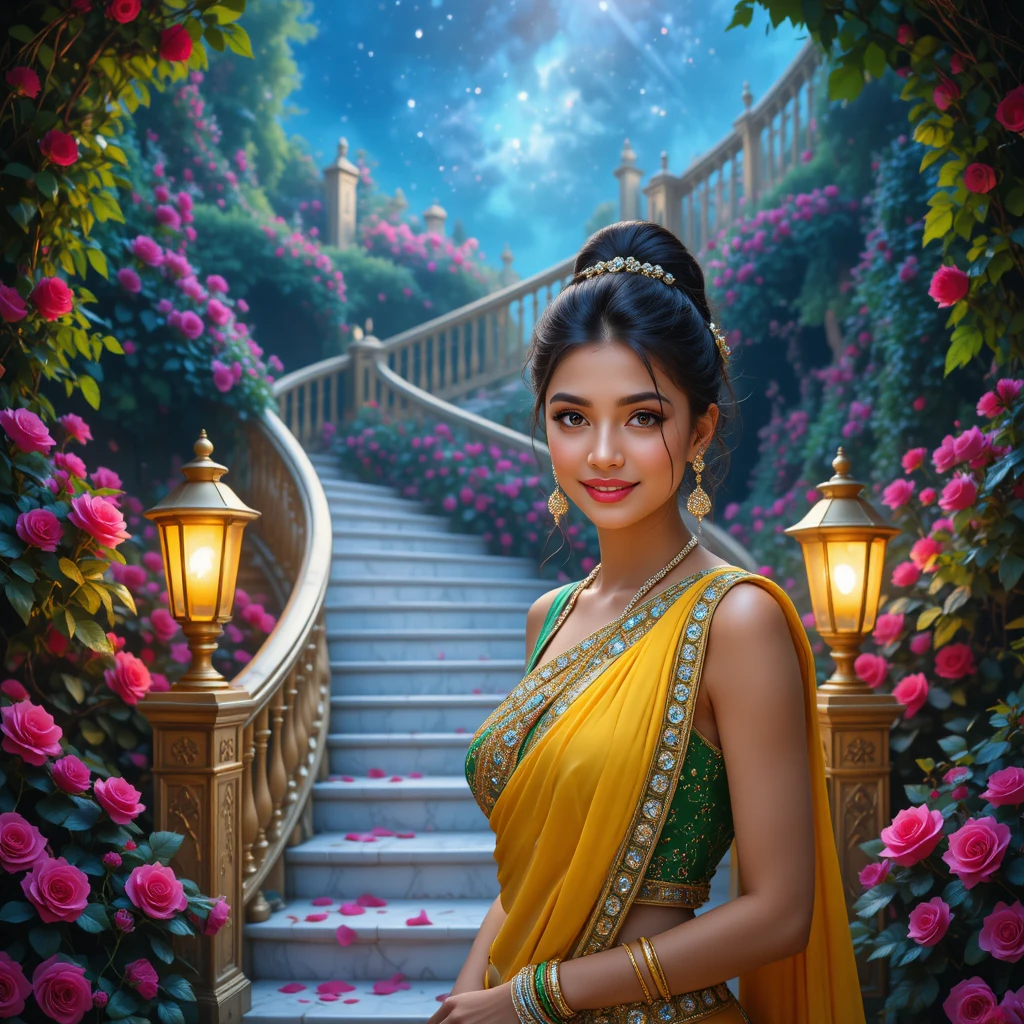 Joyful Indian girl in yellow saree studio portrait