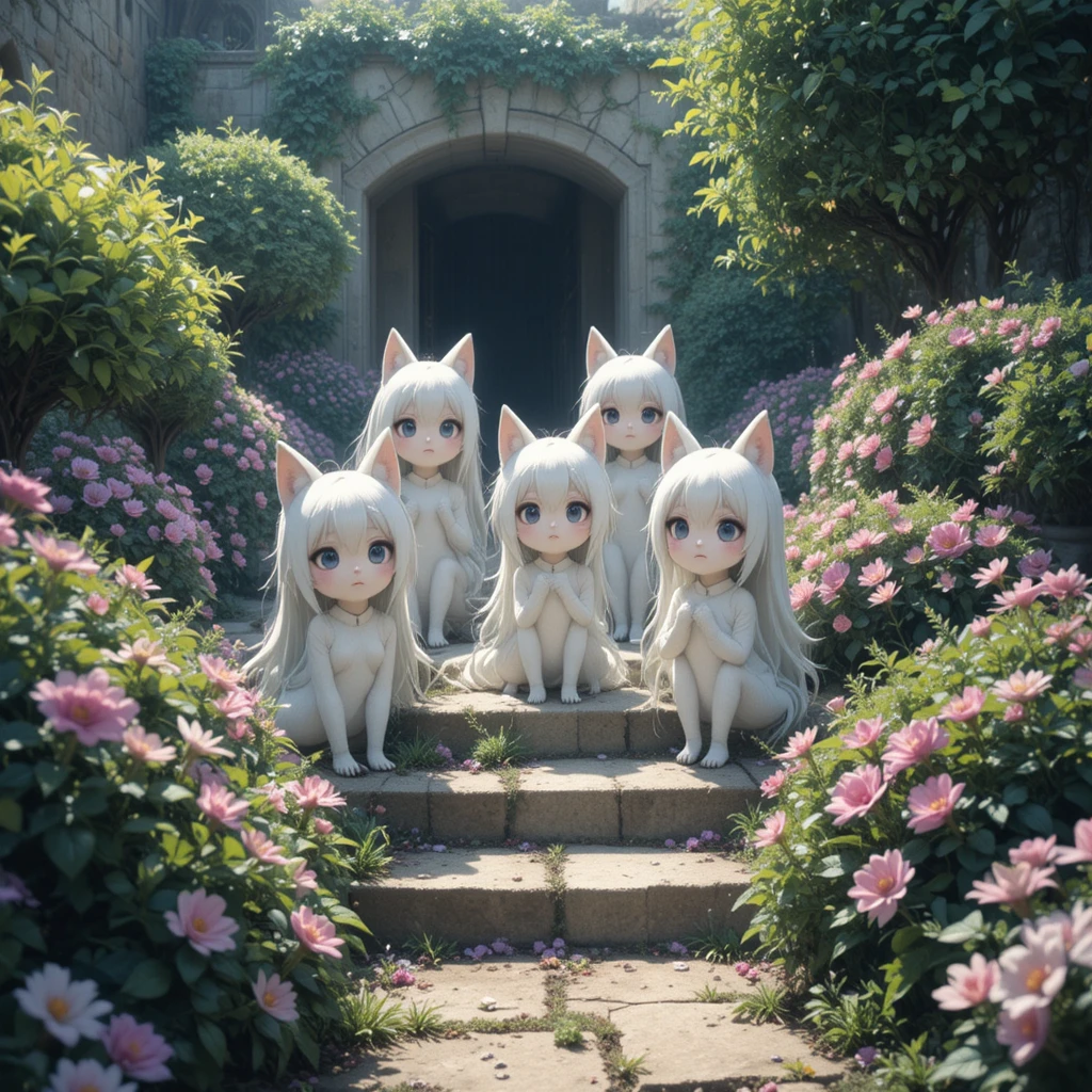 Grupo saindo de escotilha oculta no jardim, coberto de poeira