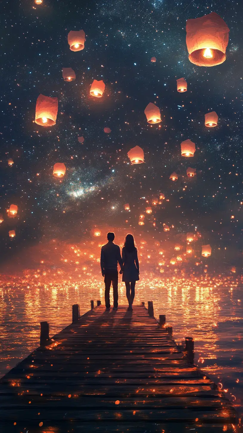 Couple Watching Floating Lanterns Over Calm Ocean