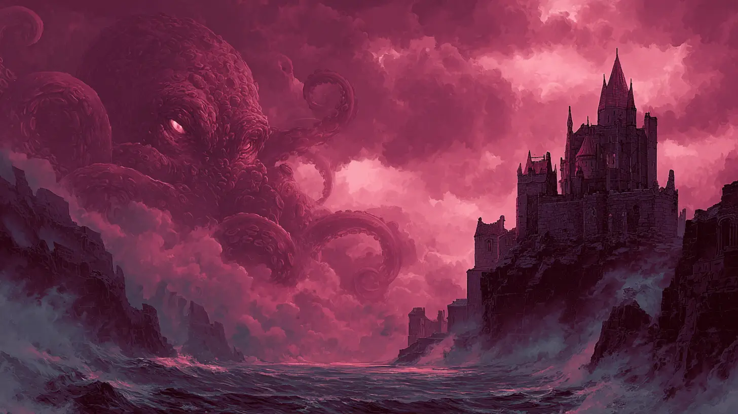 Ancient sea monster rising from a stormy black ocean