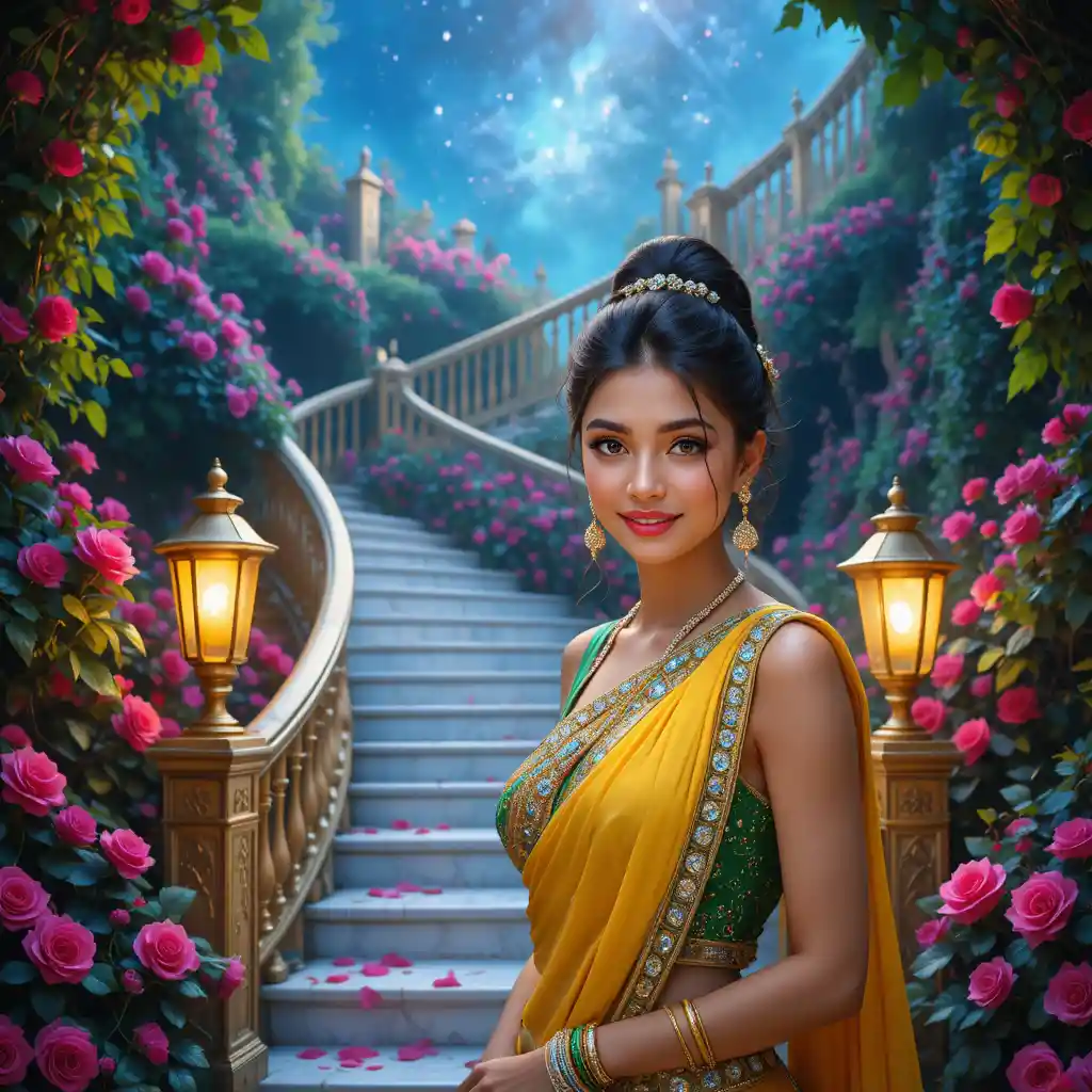 Joyful Indian girl in yellow saree studio portrait