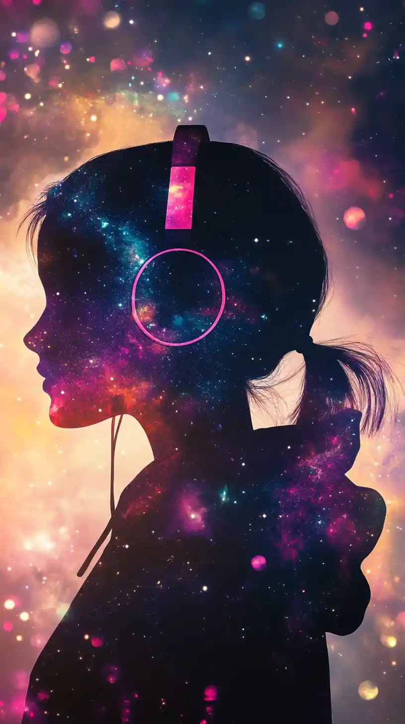Cosmic silhouette girl in profile with galaxy hair