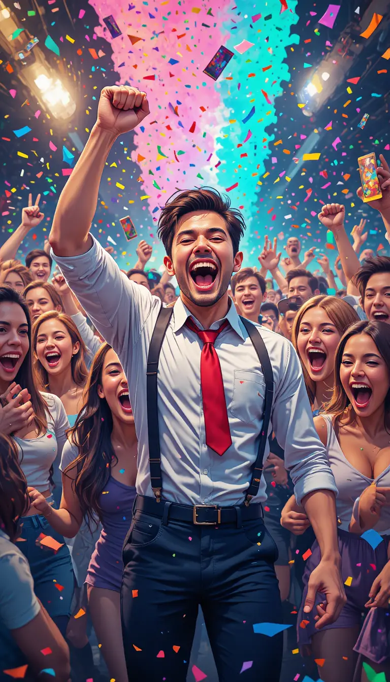 Foule de fête déchaînée célébrant sous une pluie de confettis