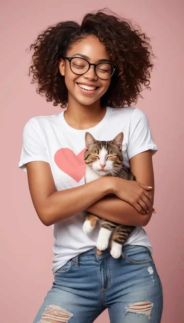 Fröhliche junge Frau, die eine getigerte Katze umarmt – Illustration