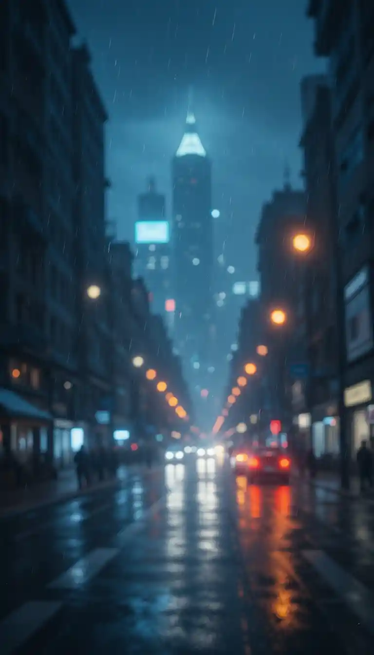 Primo piano suggestivo di luci sfocate della città in una notte di pioggia