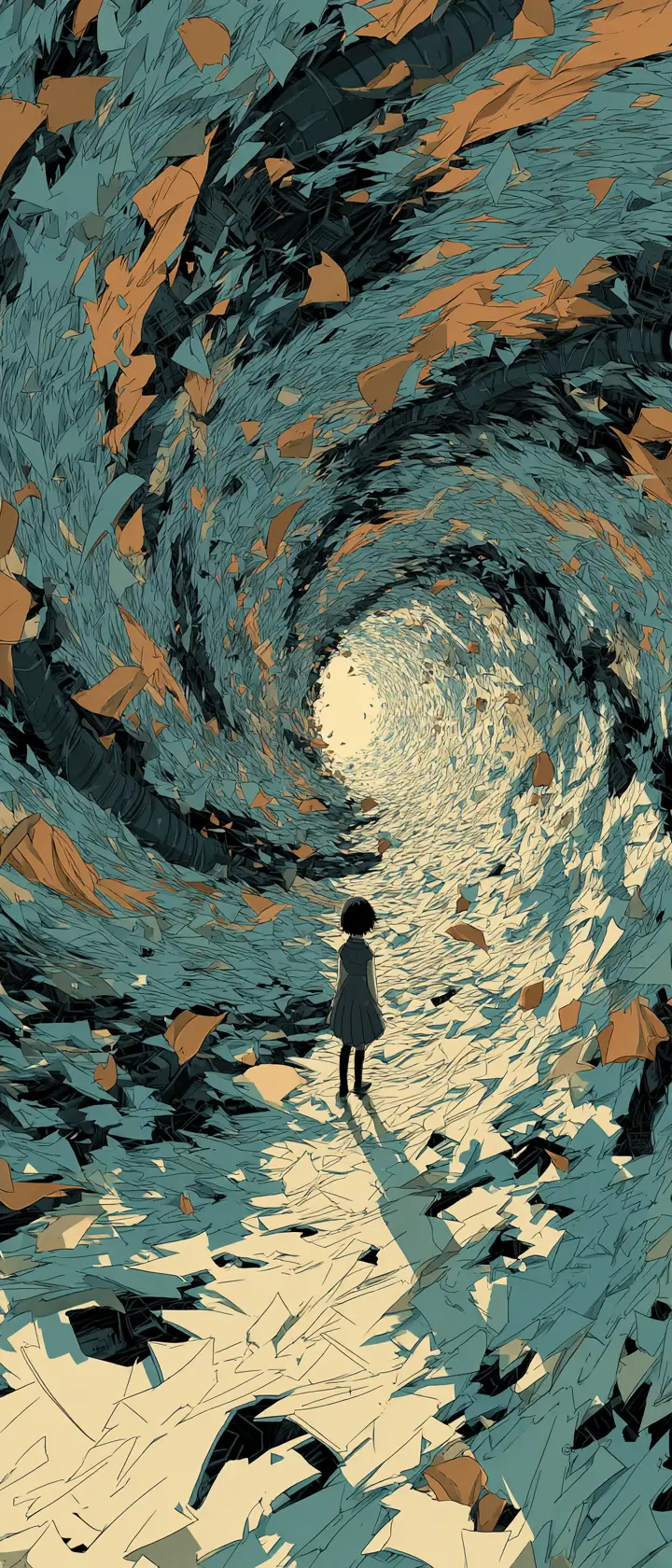 Tiny anime child in a swirling vortex of memories