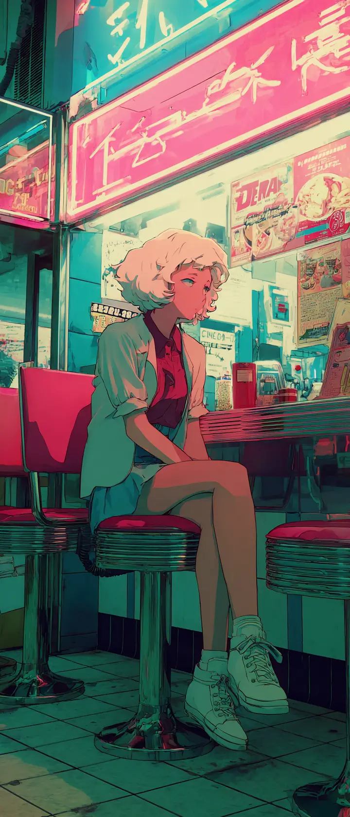 Anime girl crying alone in neon lit retro diner
