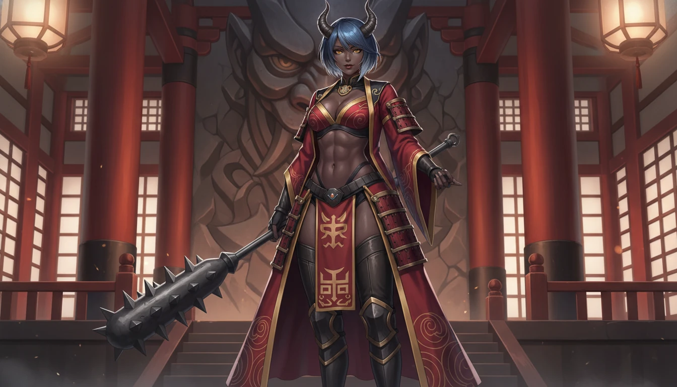 Rainha oni majestosa de cabelo azul com coroa de chifres e porrete