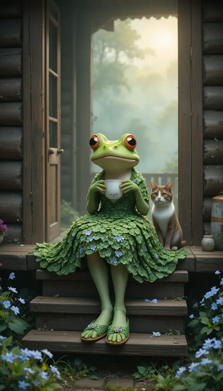 Cute frog in a floral dress sipping tea on wooden steps