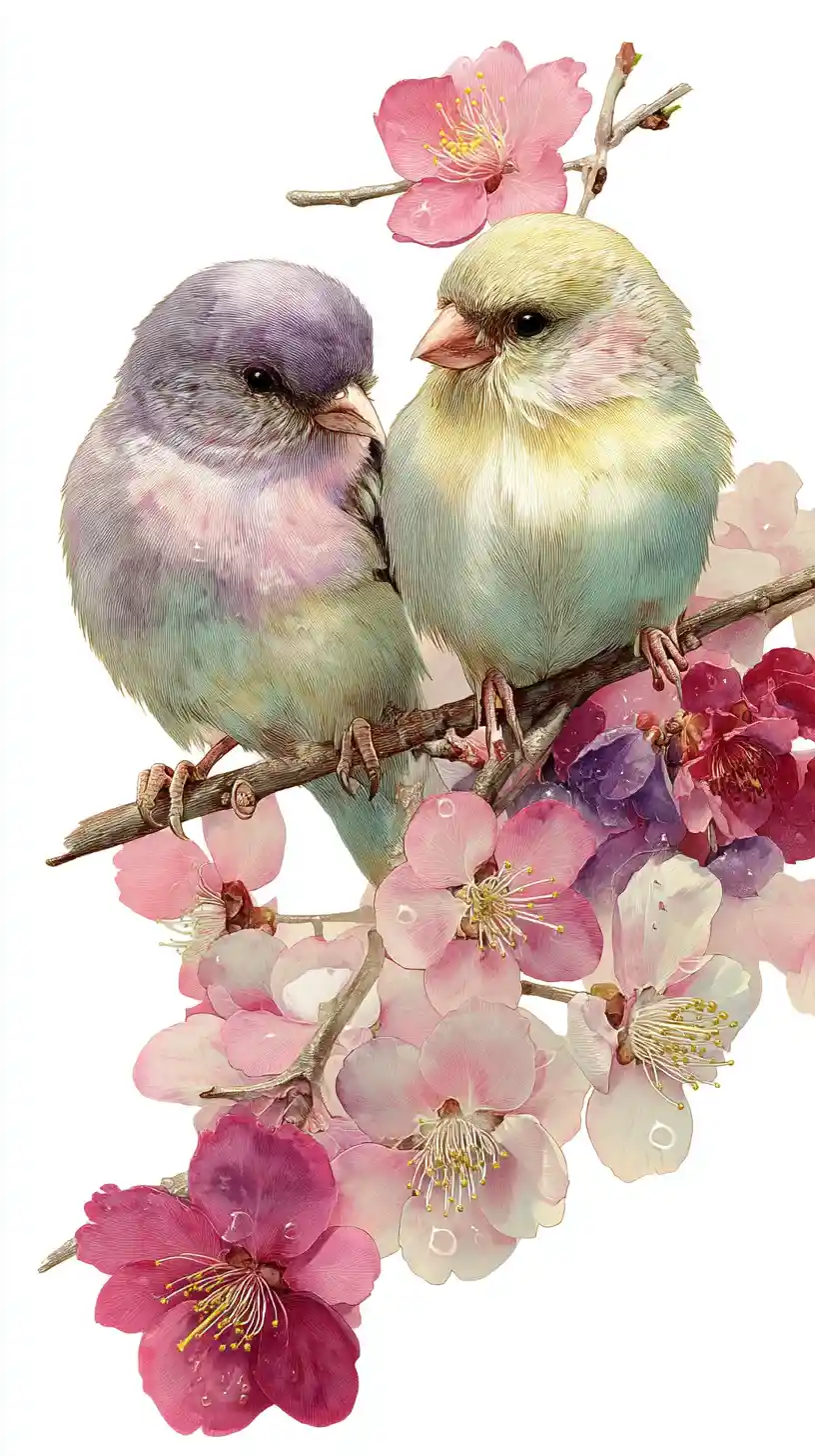 Two songbirds on a flowering branch in soft morning light