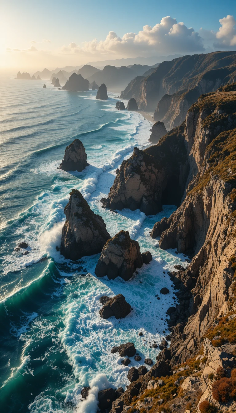 Vista aérea de olas rompiendo contra una costa rocosa y escarpada