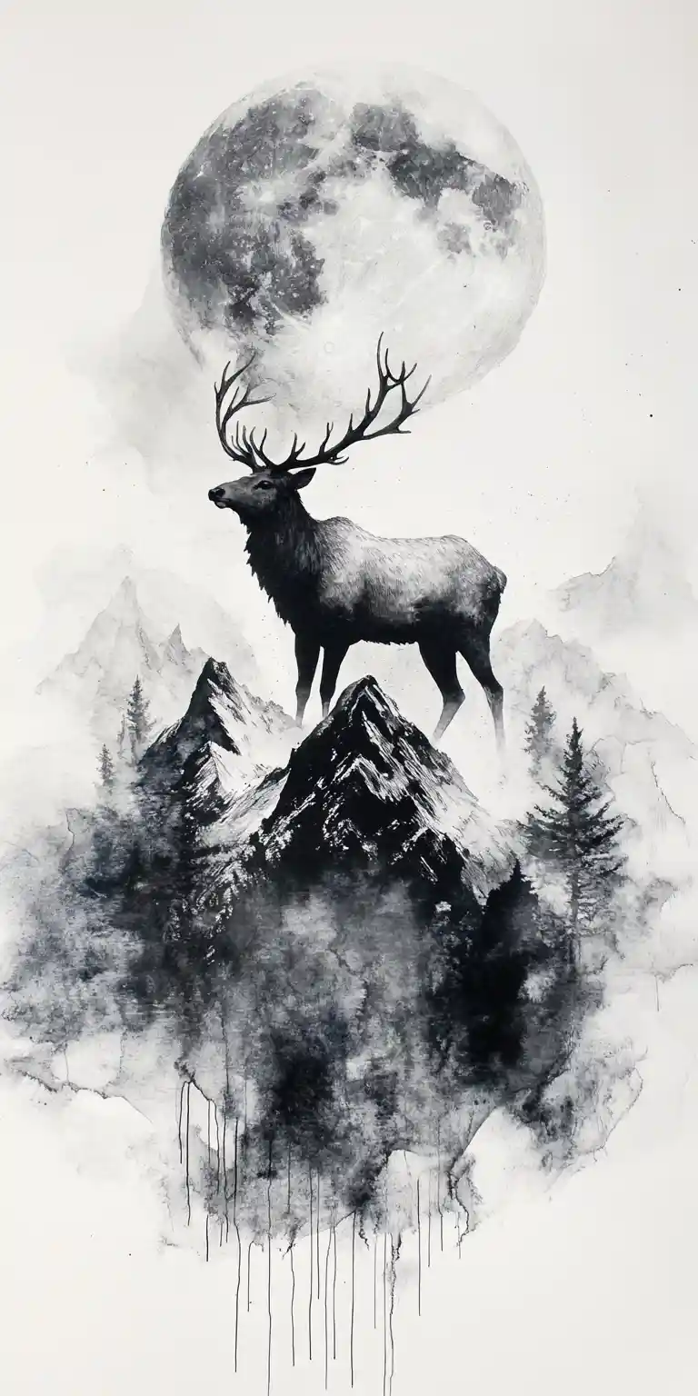 Surreal elk standing on a snowy lunar mountain peak