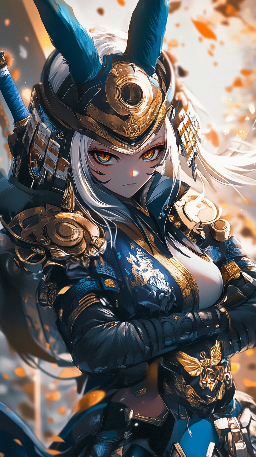 Close up of tattooed anime warrior woman in blue armor