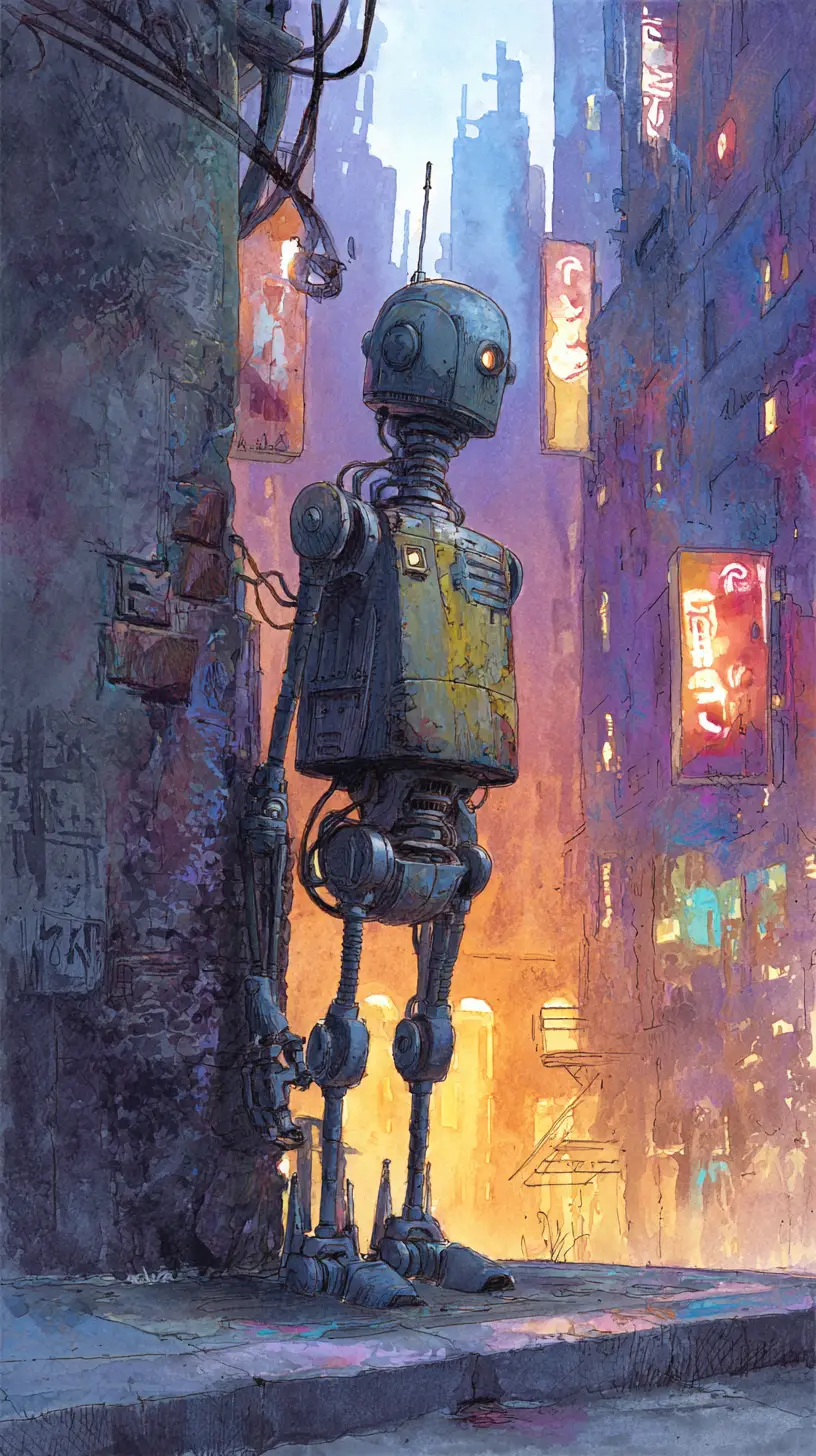 Lonely robot in rain soaked neon city alley