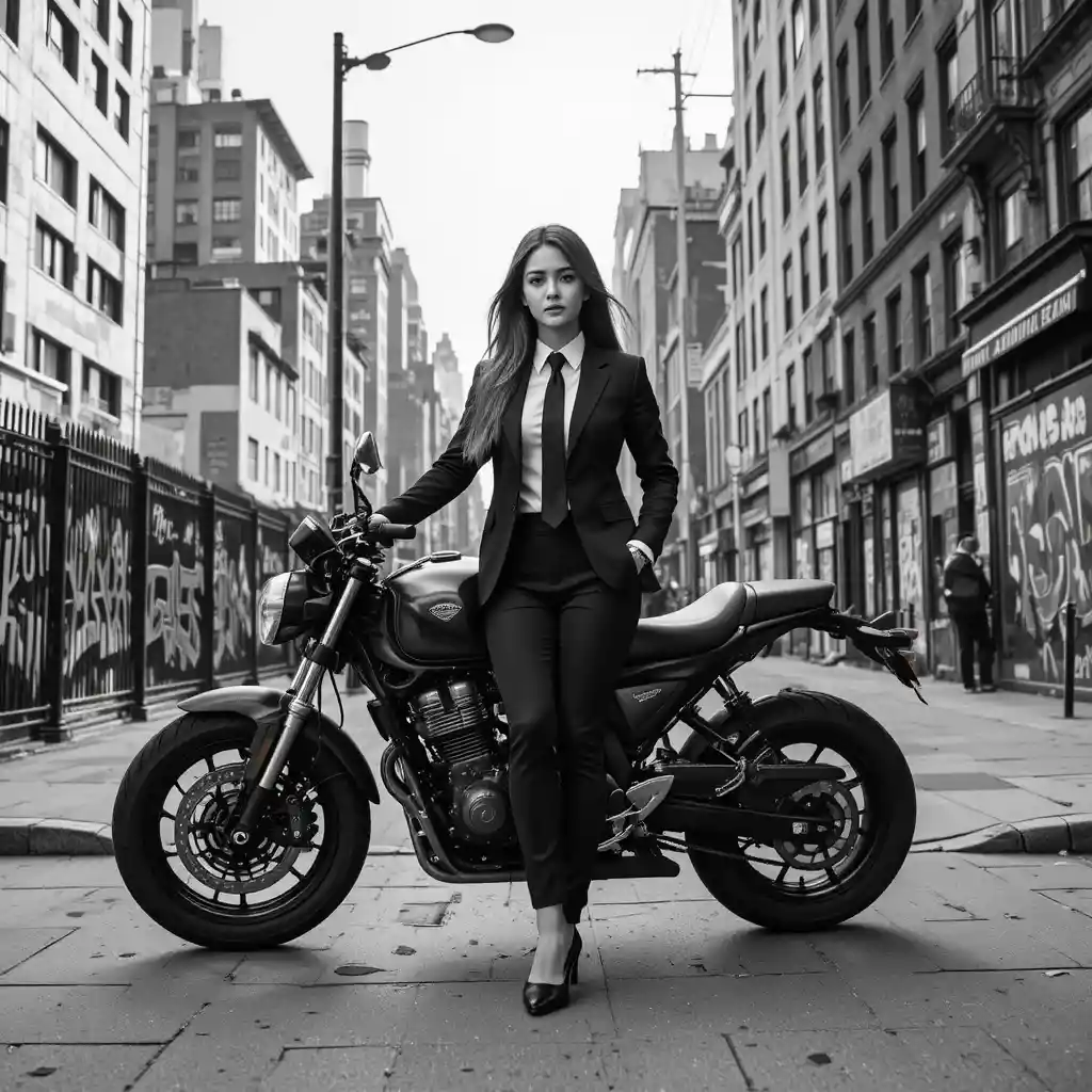 Jeune femme en costume marchant à côté d’une moto en ville