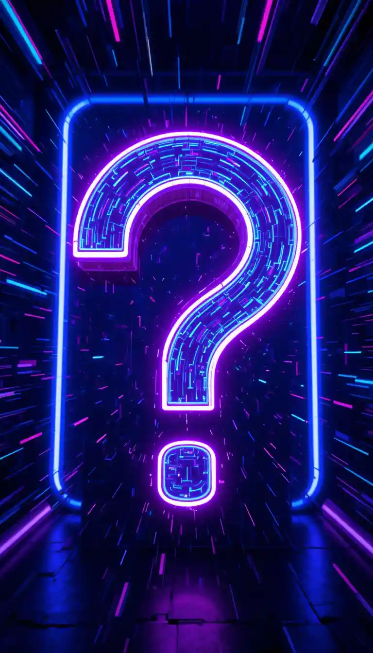 Enorme punto interrogativo al neon che brilla in uno spazio cyberpunk oscuro