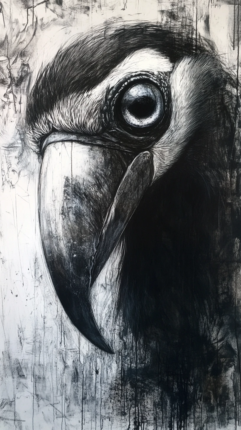 Surreal mixed media toucan with large reflective eyes