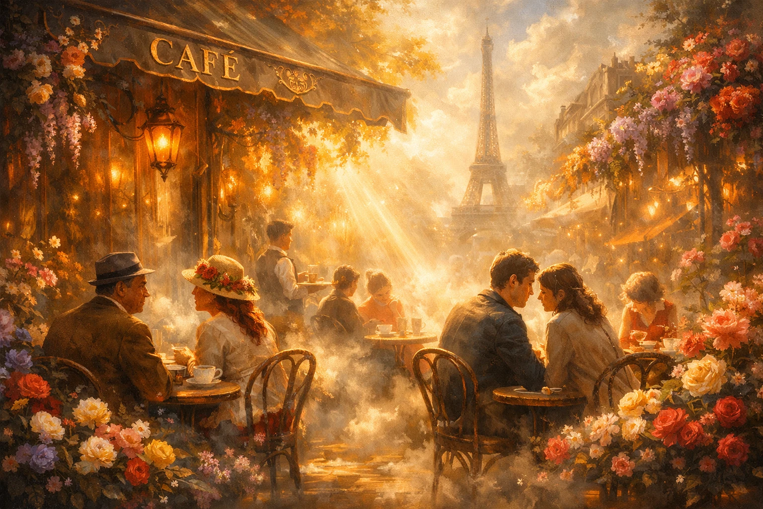Des personnes se détendent dans un café français de rêve baigné de lumière printanière