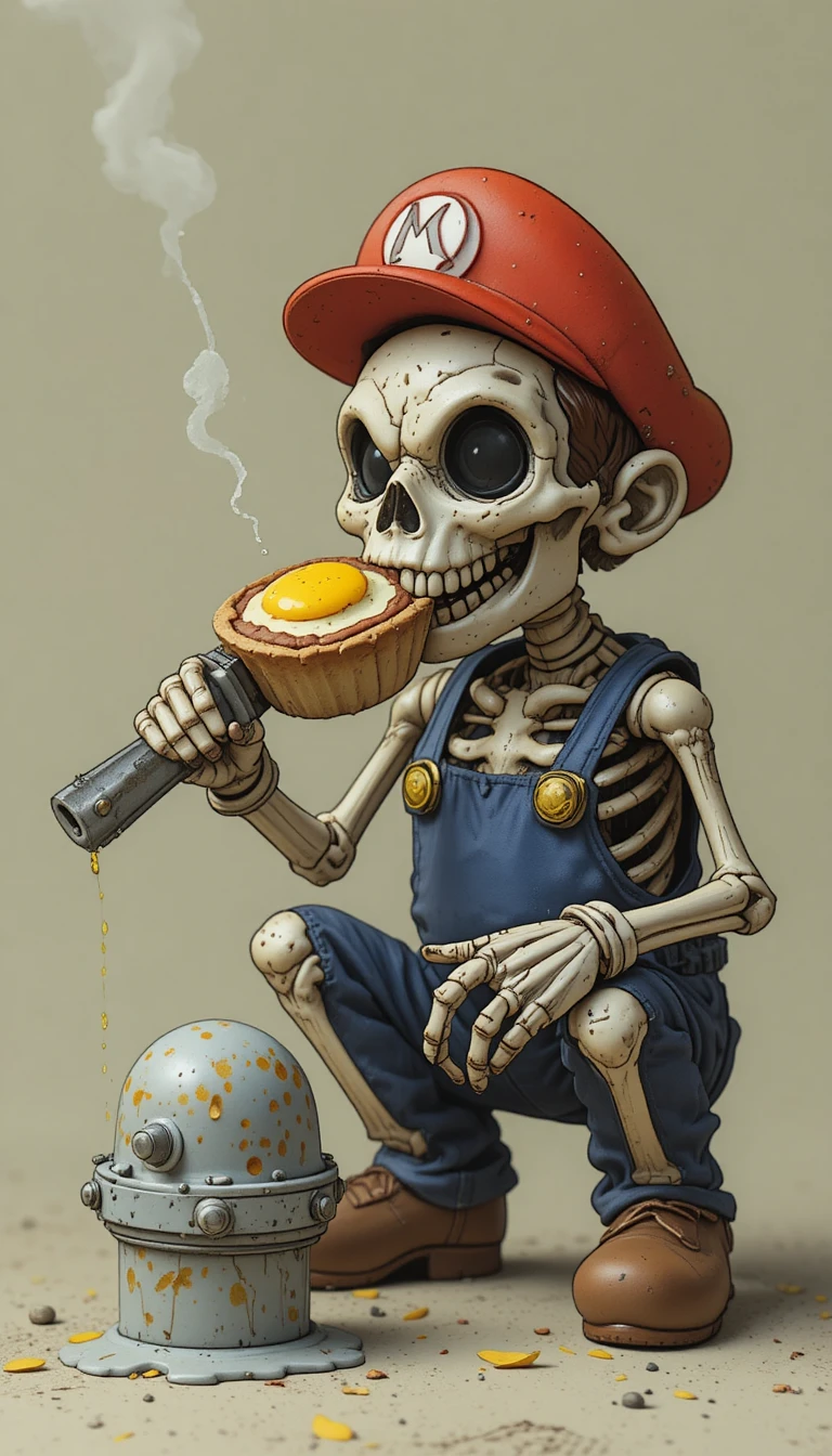 Esqueleto apertando um cano de água enquanto come um pastel de nata