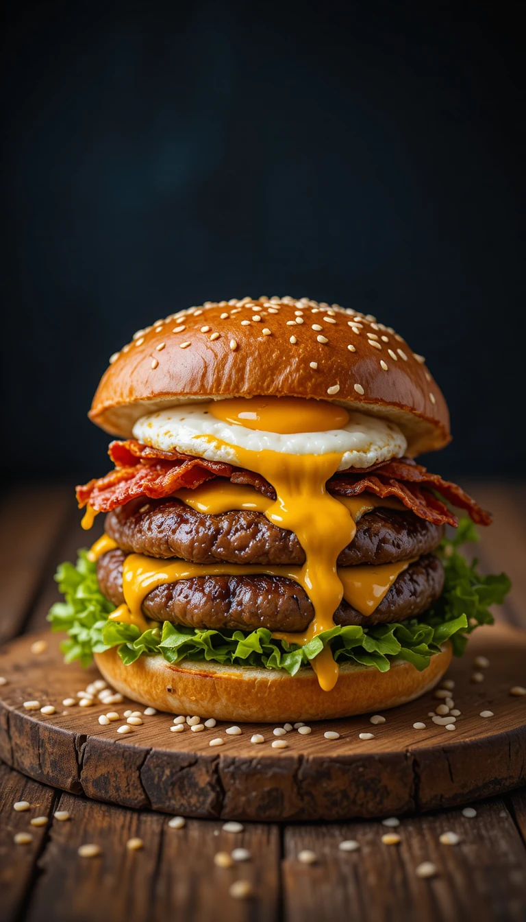 Gestapelter Burger mit Ei, Bacon und Cheddar auf Holzbrett