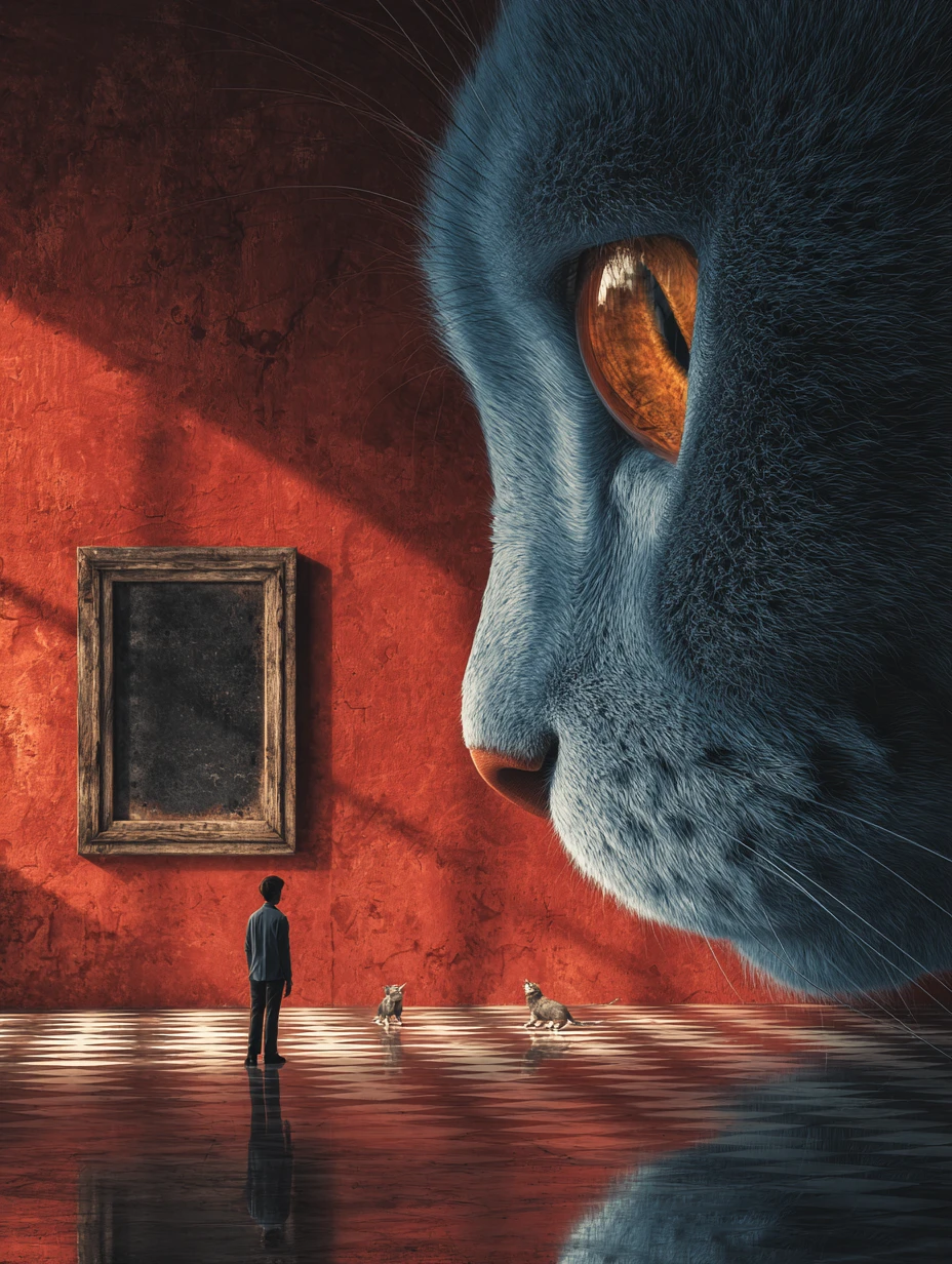 Interior surreal con un enorme gato azul y dos humanos