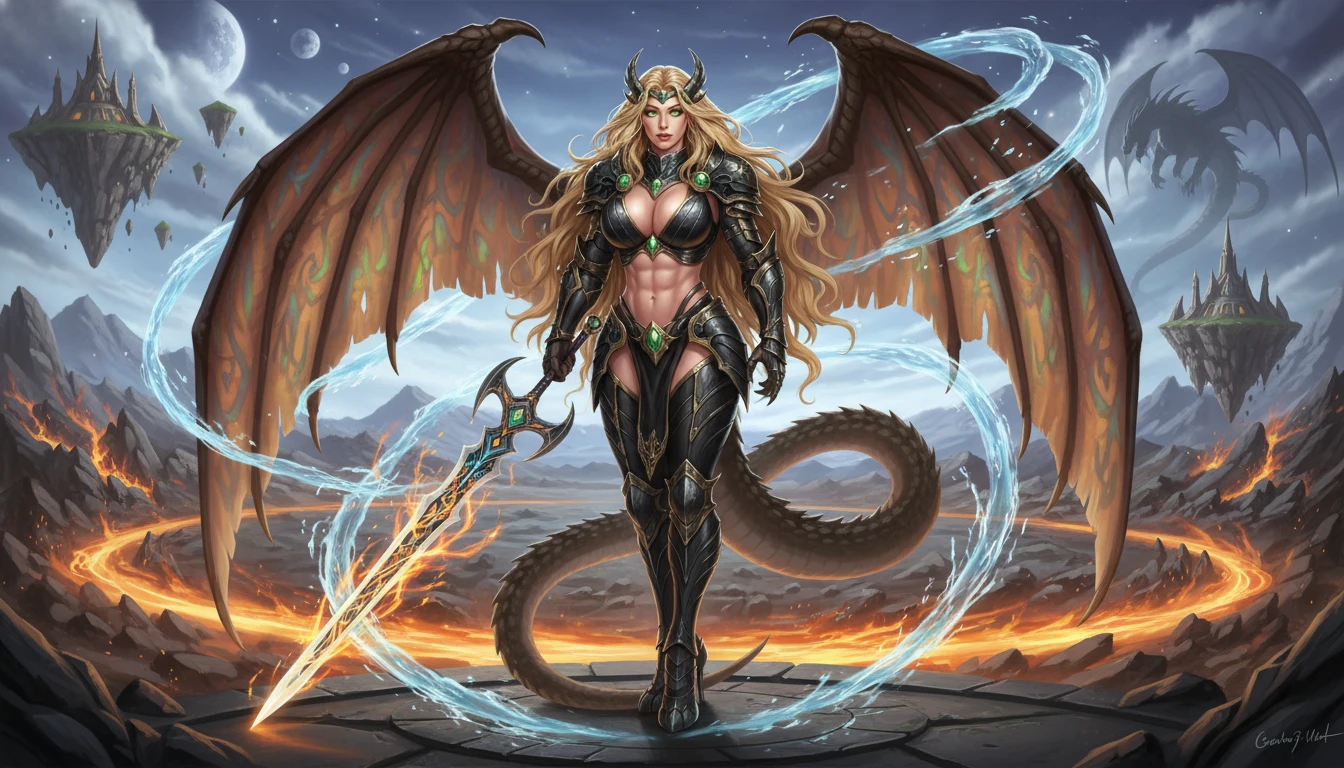 Alta regina drago con ali e spada antica
