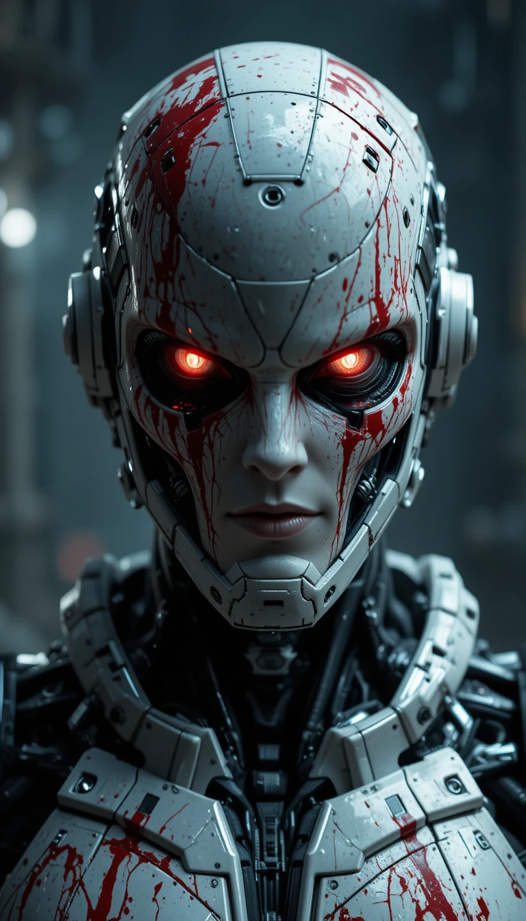 Minaccioso robot umanoide con armatura cyberpunk macchiata di sangue