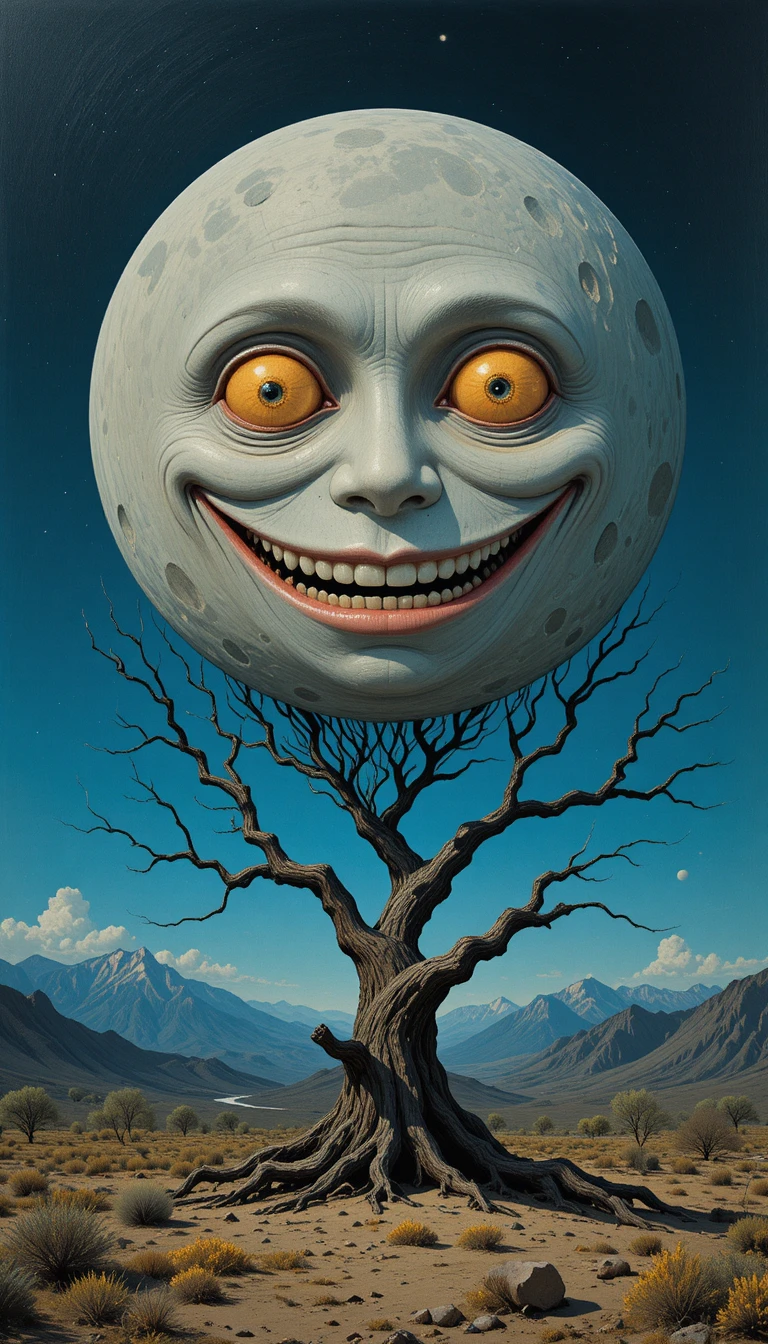 Surreal lächelnder Mond über knorrigem Baum und Bergen