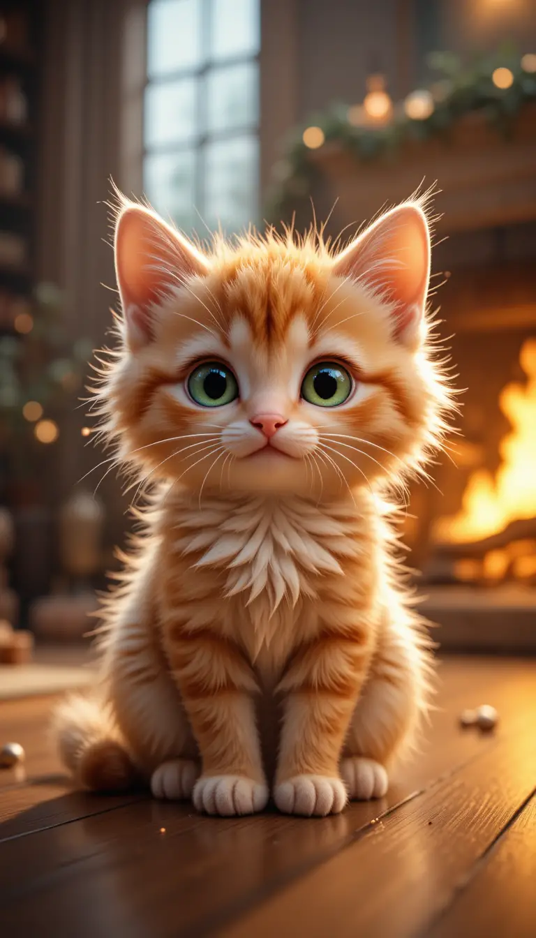 Gatito Naranja Esponjoso Brillando Junto a una Acogedora Chimenea