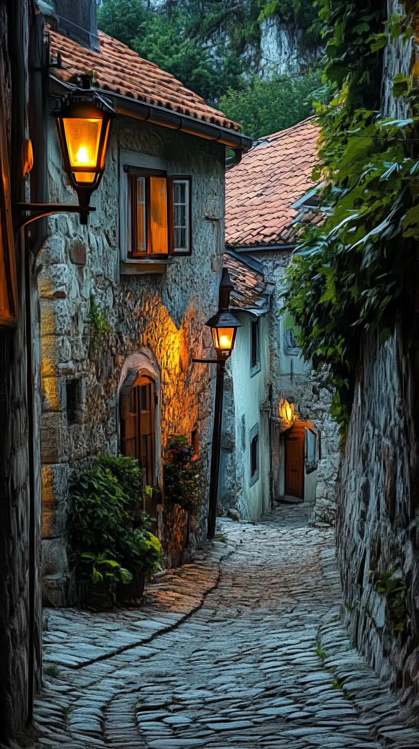 Mystical Slovenian village glowing with warm lantern light