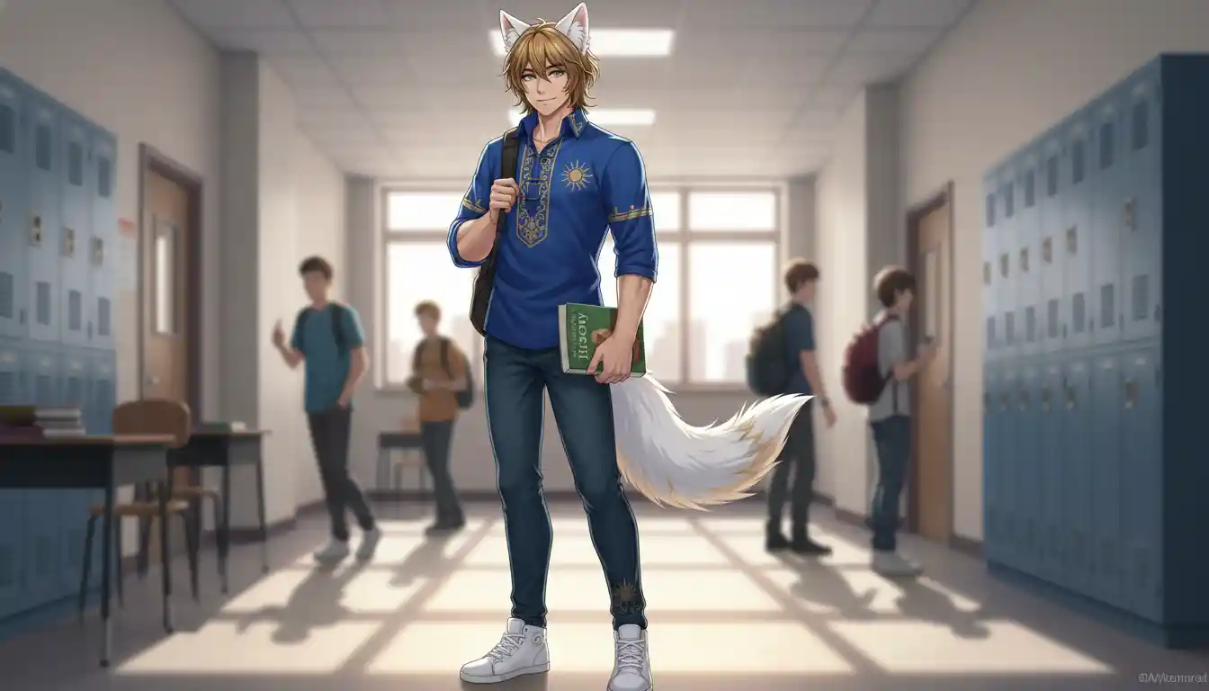 Principe ragazzo anime con orecchie da lupo in outfit moderno casual
