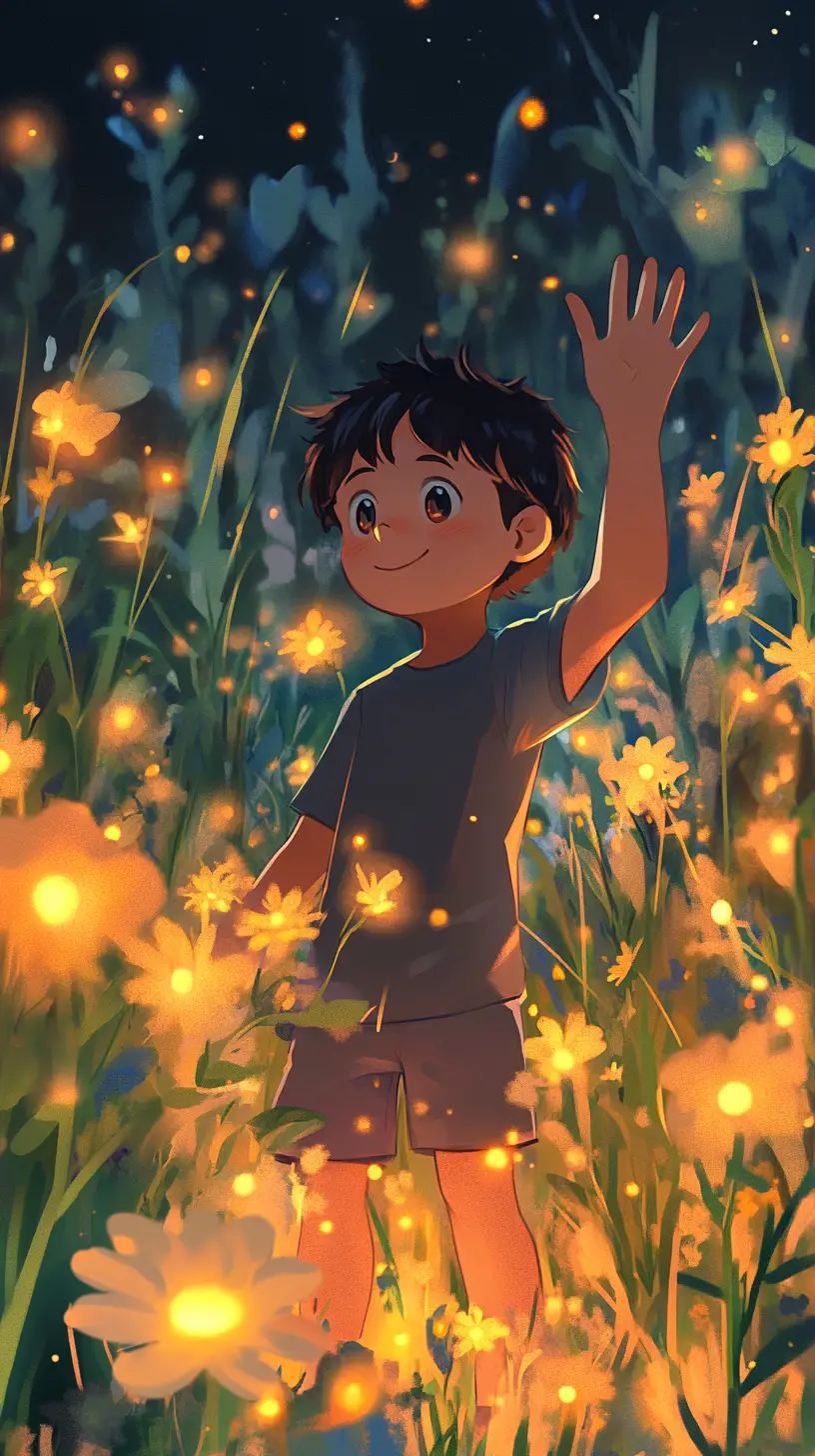 Cheerful Cartoon Boy Waving In A Glowing Flower Field