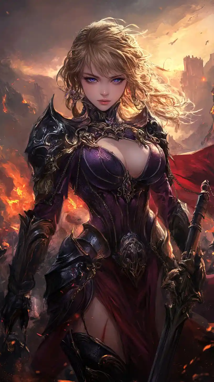 Scarred fantasy warrior woman in red armor close up