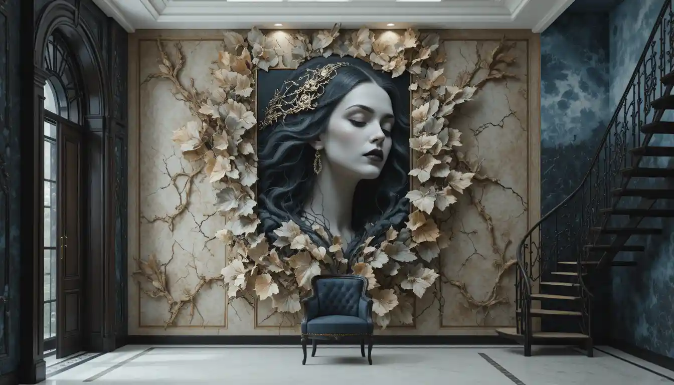 Gothic vampire woman with flowing grey hair and intense gaze