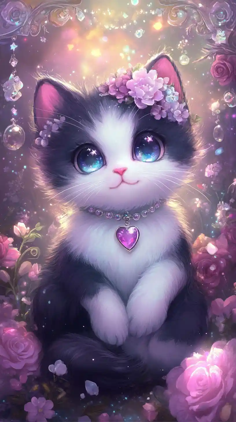 Kawaii fantasy kitten with galaxy eyes in floral scene