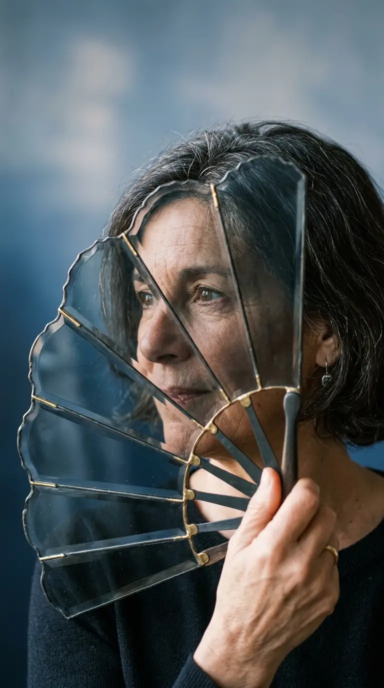 Close-up of a woman holding a glass fan in front of her face with a thoughtful expression.